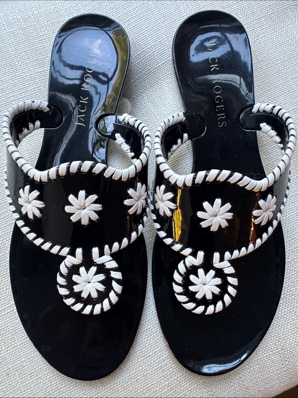 Jack Rogers Black Patent Sandals with White Whipstitch Floral Accents